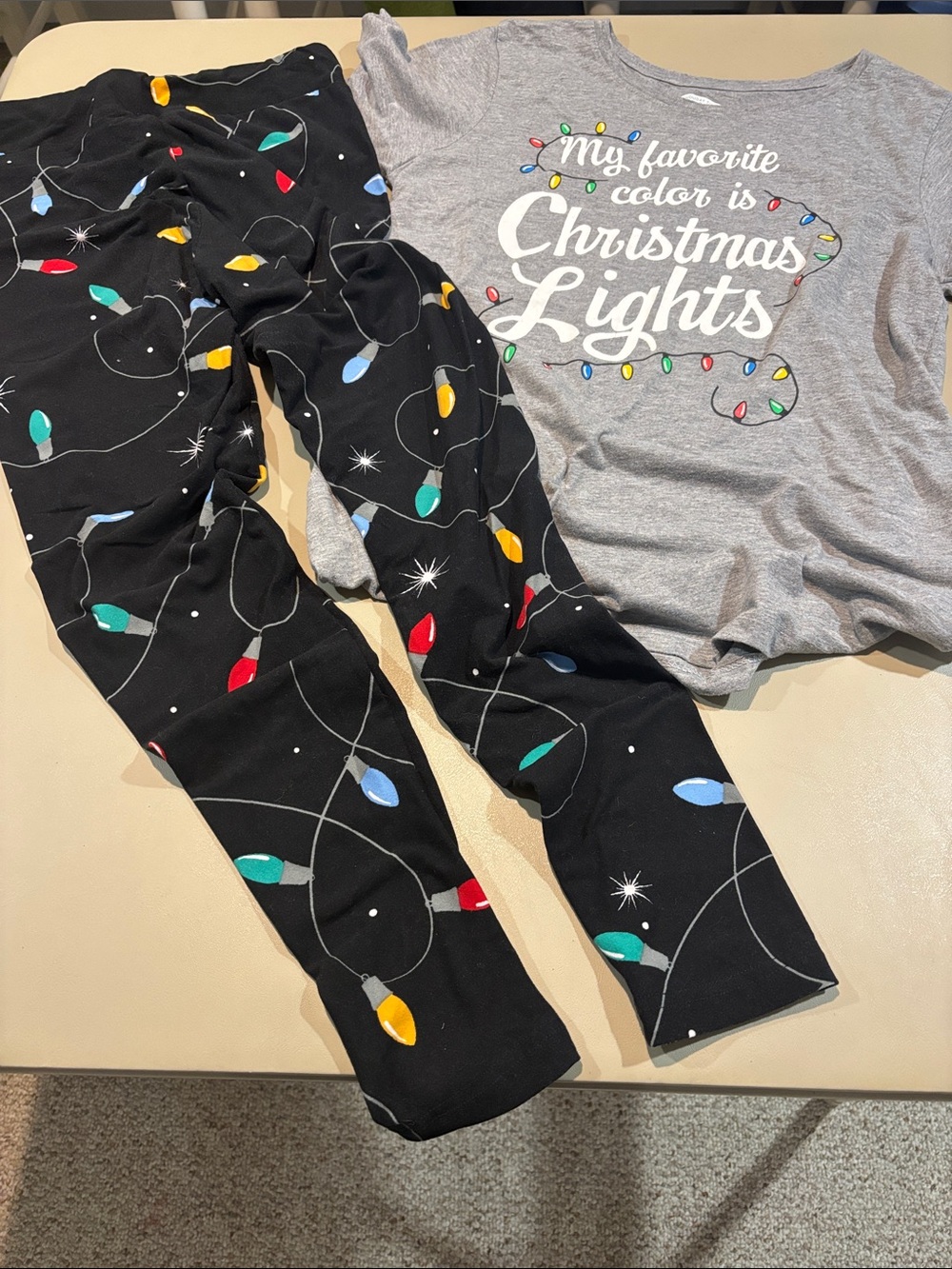 Women’s  Black Christmas Lights Bottoms (S/M) and Grey T-Shirt (M)